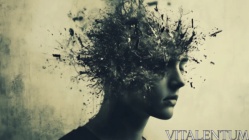 Profile portrait with fragmented head rendered in muted tones