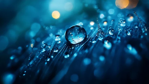 Glistening blue droplet cradled in a quiet night glow.