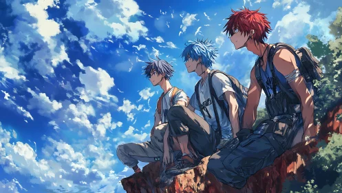 Four anime hikers rest on cliff edge under high contrast sky
