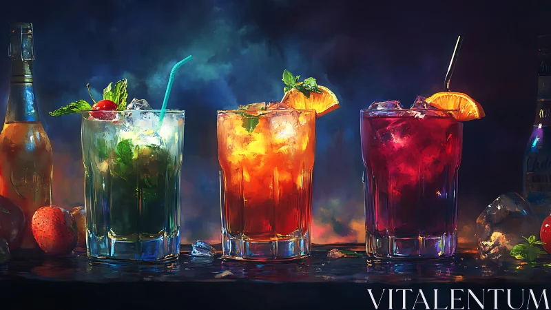 Three Vibrant Cocktails with Citrus Garnish Against Dark Background.