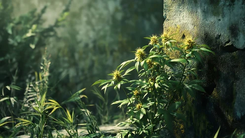 Sunlit wildflower outpost against crumbling mossy wall.