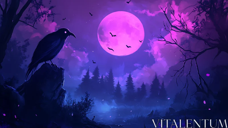 Raven overlooks moonlit forest beneath vivid magenta sky