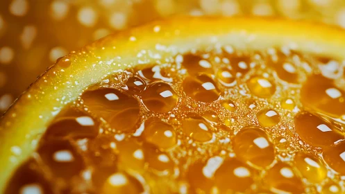 Orange slice surface covered with glossy water droplets