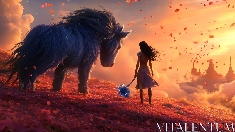 Sunset encounter with shaggy beast on floating petal hill.