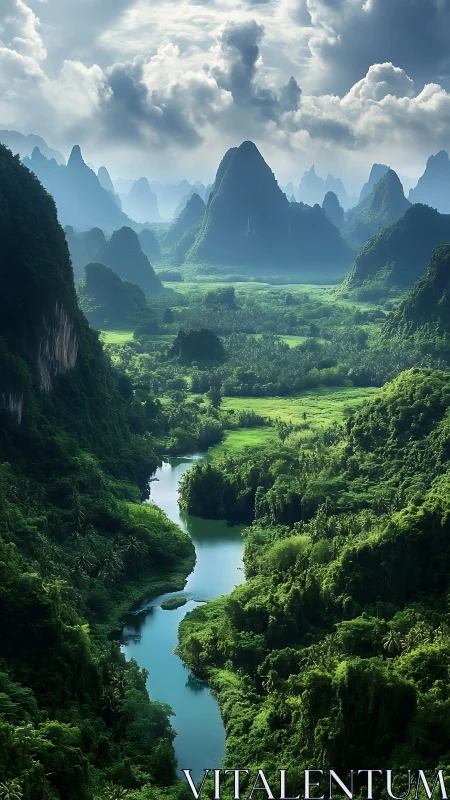 Verdant karst valley with winding turquoise river under storms.