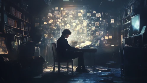 Solitary researcher decodes evidence wall under radiant glow.