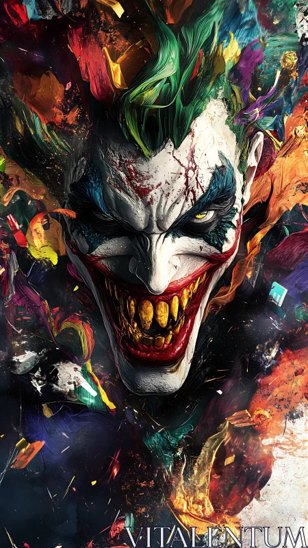 Paint-smeared clown face emerges from chaotic color field