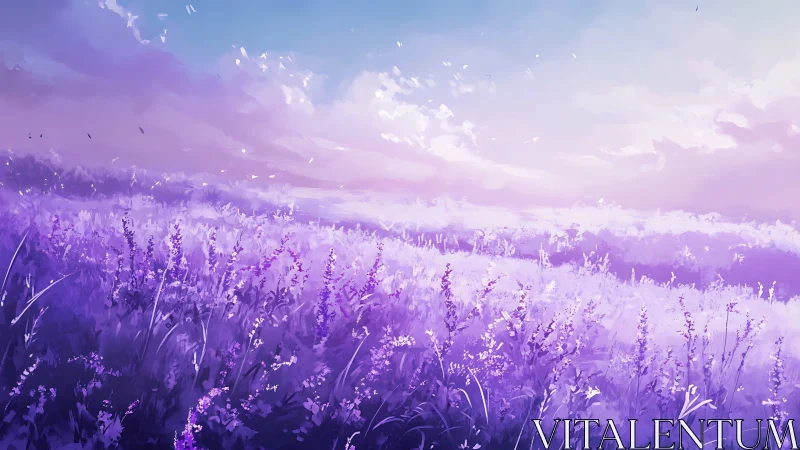 Lavender field under soft pastel sky at sunrise.