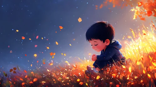 Gentle autumn daydream with a child resting in golden grass.