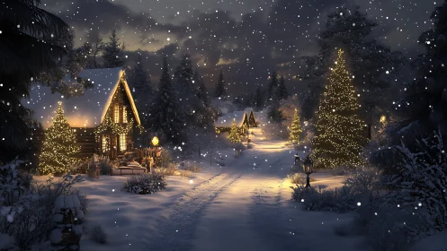 Snowy village lane glows with cozy, festive cabin lights.