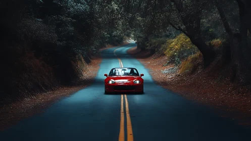 Red convertible on empty forest road at twilight.