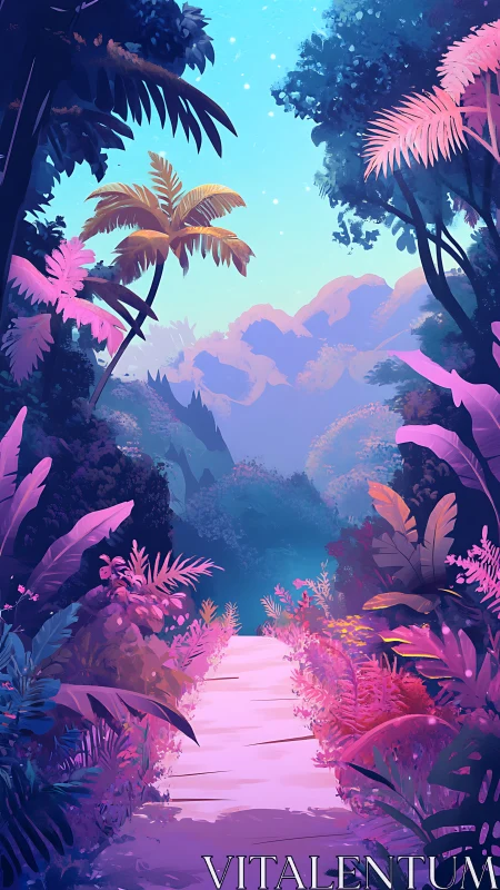 Neon dusk jungle path renders atmospheric bioluminescent foliage