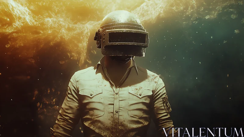 Armored battleground soldier under burning golden sky.