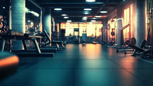Empty modern gym interior shows equipment in warm lighting