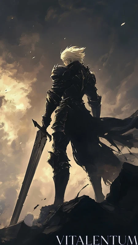 Armored swordsman silhouette on rocky ridge at dusk sky.