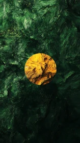 Golden rock sphere centered on dark emerald texture.