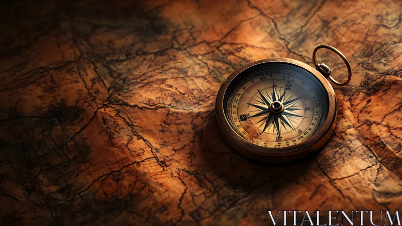 Vintage brass compass on weathered exploration map.