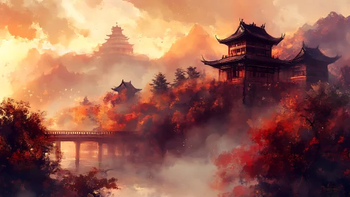 Crimson pagodas sip sunrise from mist-drenched autumn hills