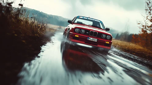Red sports car driving through wet rural road in rain.