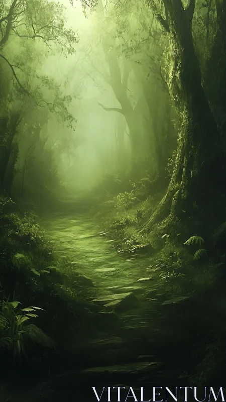 Mystical Forest Path Through Luminous Mist.