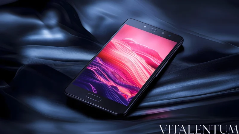 Modern smartphone on silky dark fabric with vibrant abstract display. Modern smartphone on silky dark fabric with vibrant abstract display.