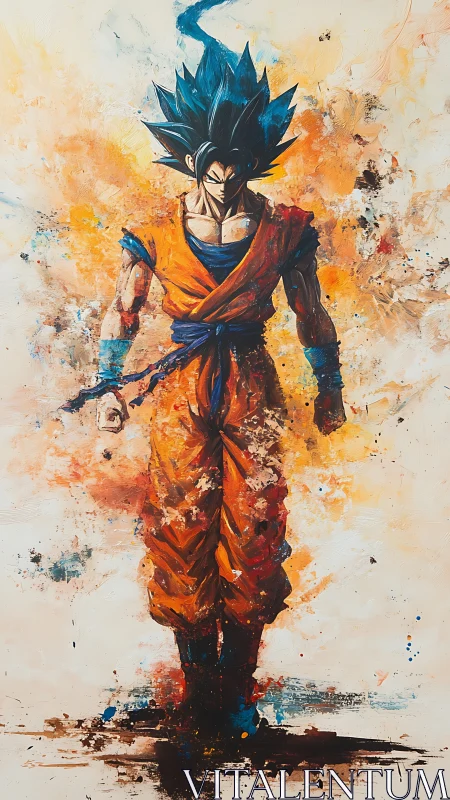 Saiyan warrior emerges through explosive abstract energy.