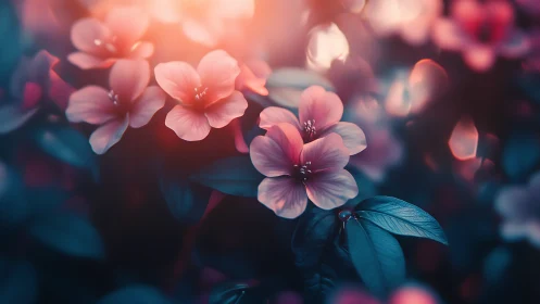 Soft Blossoms Glow. Rose Pink Petals Against Deep Teal.