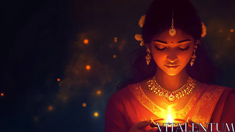 Elegant Indian woman holding Diwali lamp in vibrant digital art.