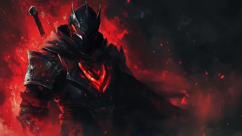 Ember-hearted dark knight strides through burning shadowstorm.
