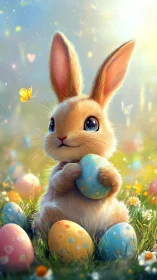 Sweet spring bunny cradling colorful painted eggs in sunlight.