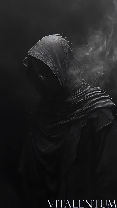 Hooded spectral figure emerging from dark smoky void.