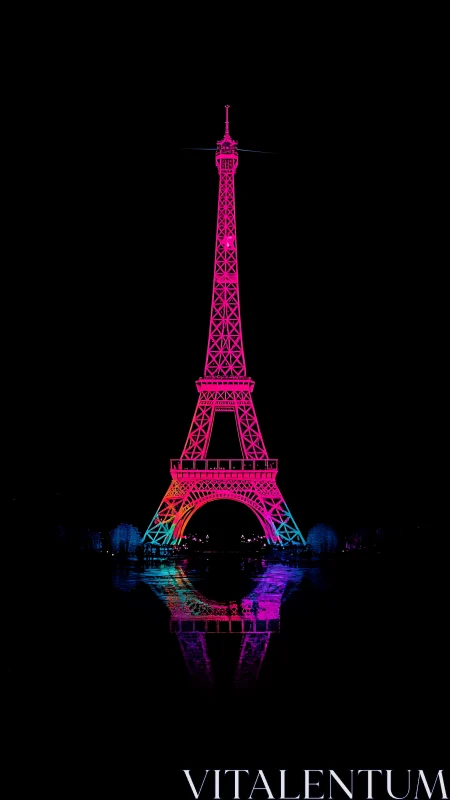 Neon Eiffel Tower silhouette with reflective night view.