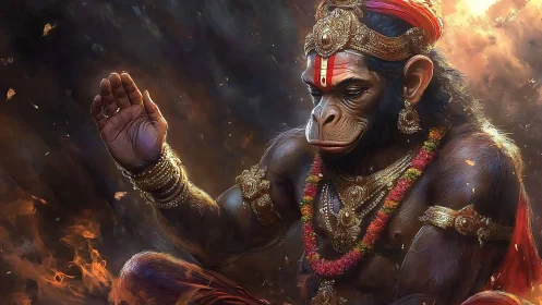 Digital painting of meditative simian deity in ornate regalia
