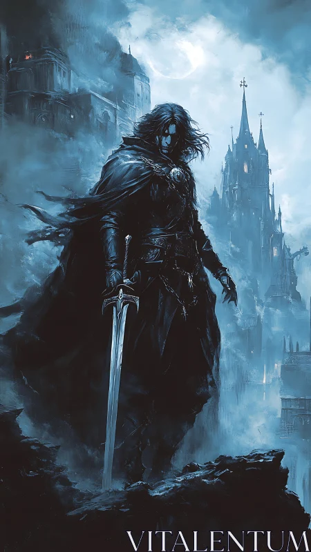 Armored dark knight stands before gothic citadel in moonlit mist