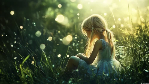 Sunlit girl in dreamy meadow with glowing bokeh haze.