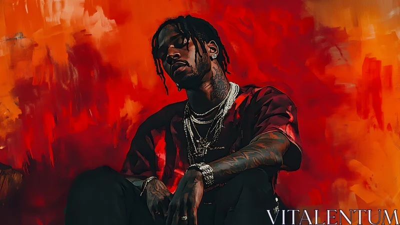 Moody hip-hop portrait smolders against fiery red backdrop.