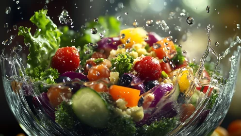 Bursting salad bowl sends fresh vegetables dancing in water