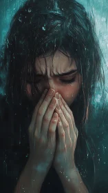 Crying girl hides face in stormy teal digital rain portrait.