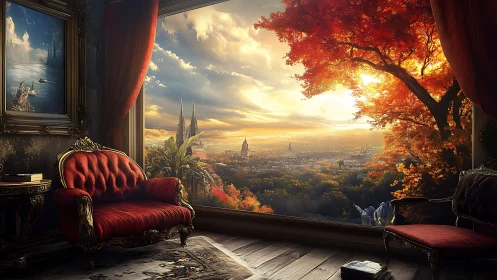 Opulent parlor overlooks autumn city under golden sunset