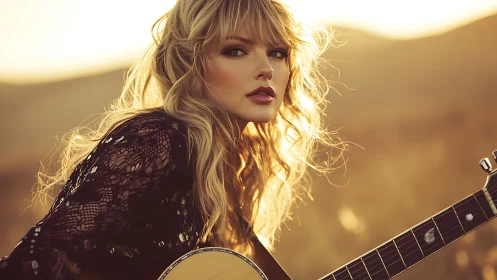 Golden-hour portrait of guitarist in shallow-depth focus