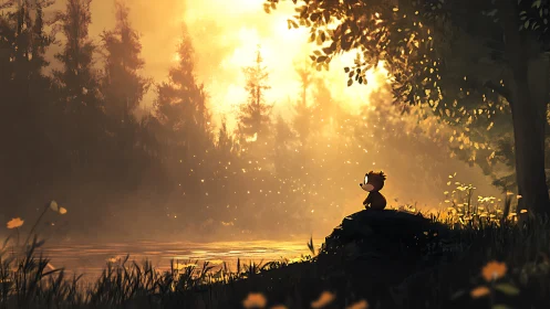 Small creature watches golden sunset over misty forest lake