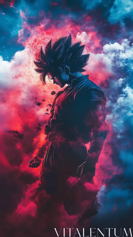 Silhouetted anime warrior in bifurcated nebular chromatic cloudfield.