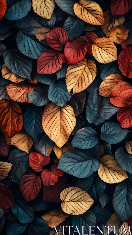 Autumn leaves form rich teal and amber abstract pattern.