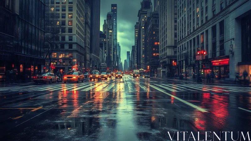 Rain-soaked city avenue captures cinematic nocturnal traffic flow