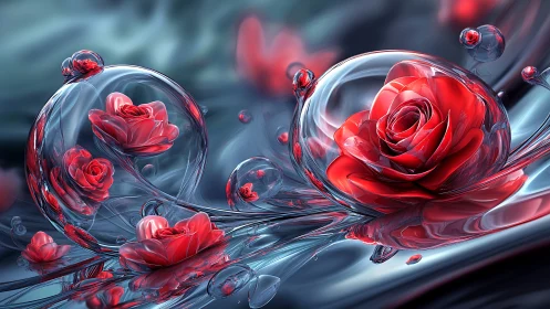 Crimson bubble roses adrift on liquid glass dreams.
