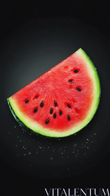 Watermelon slice rests on black background with droplets