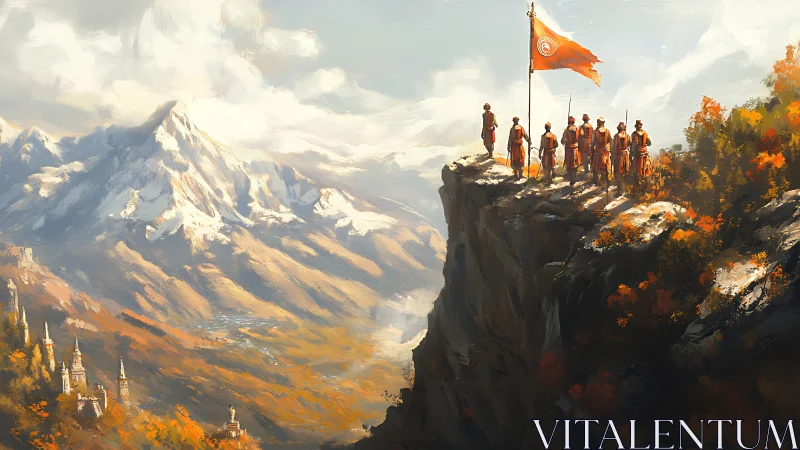 Guardians stand on a cliff edge above a vast autumn kingdom