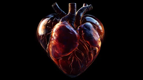 Realistic human heart in glass shape, dark digital art style.