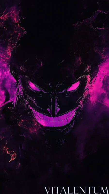 Dark stylized face with glowing magenta eyes and teeth.