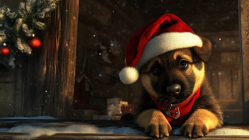 Rendered puppy in Santa hat rests at snowy wooden windowsill